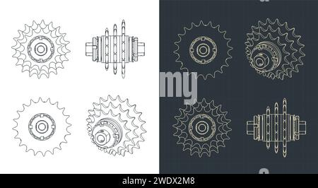 Illustrations vectorielles stylisées de plans de transmission de pignon de chaîne Illustration de Vecteur
