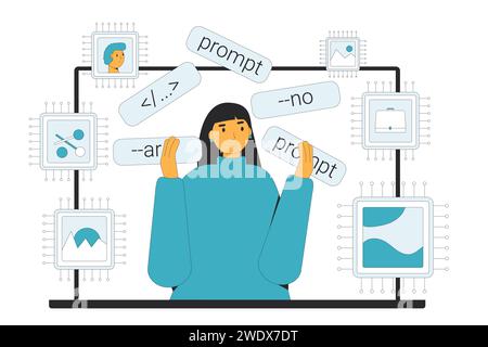 Ingénieur de peinture rapide. Élaboration d'instructions précises qui guident les modèles d'IA pour générer du contenu visuel. L'intelligence artificielle crée une image. WOMA Illustration de Vecteur