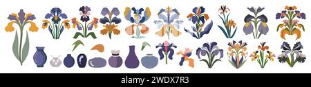Ensemble d'éléments de conception de fleurs Iris dessinées à la main. Illustration de Vecteur