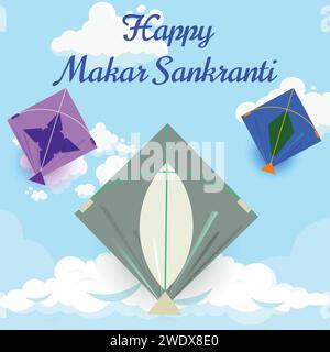 Ce vecteur vibrant célèbre Uttarayana avec trois cerfs-volants conçus de manière unique volant contre un ciel serein. L'élégant texte 'Happy Makar Sankranti' à Illustration de Vecteur