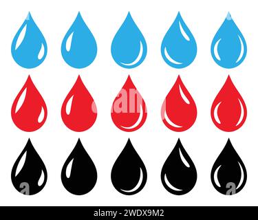 Icône représentant des gouttes d'eau, de sang et d'huile en bleu, rouge et noir. Ensemble d'icône de goutte d'eau brillante, de sang et d'huile isolé sur fond blanc. Illustration de Vecteur