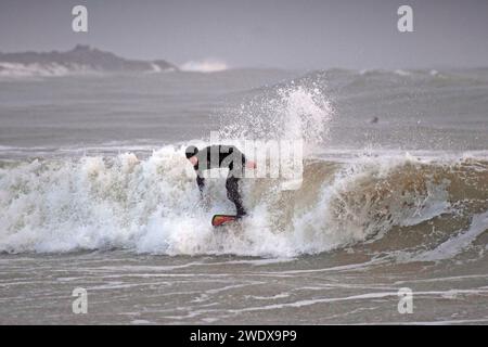 Swansea, Royaume-Uni. 22 janvier 2024. Cet après-midi, un surfeur profite au maximum des vagues de Langland Bay près de Swansea alors que la tempête Isha se dirige vers l'est du Royaume-Uni. Crédit : Phil Rees/Alamy Live News Banque D'Images