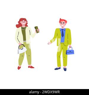 jeune femme et homme en costume vert parlant et debout. Illustration vectorielle isolée. Peut être utilisé pour le fond de concept, les cartes, les affiches. Illustration de Vecteur