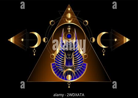 Mystique ancien dieu égyptien Anubis sur Pyramide. Géométrie Sacrée Or et phases de lune céleste. Divinité à tête canine. Dieu de la mort. Luxe doré Illustration de Vecteur