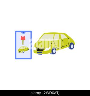 véhicule automobile et application mobile avec clé électronique automobile. Peut être utilisé pour le partage de voiture servise, louer concept d'automobile. Illustration de Vecteur