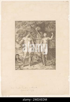 La chute, anonyme, d'après Cornelis Cornelisz. Van Haarlem, 1809 - 1899 imprimer Dadam et Eva représentent l'arbre de la connaissance. Un serpent fournit à Eva une pomme. Aux chiffres toutes sortes d'animaux. Sur la gauche en arrière-plan, Adam et Eva sont avertis de ne pas manger de l'arbre. Papier néerlandais Banque D'Images