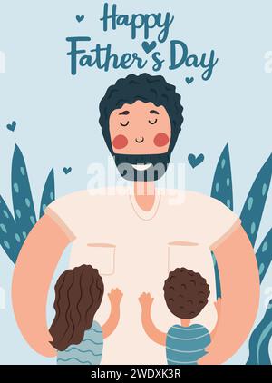 Joyeuse photo de la fête des pères, un père joyeux embrasse et prend soin de ses enfants. Le concept d'amour parental, de soins, d'éducation des enfants. Idéal pour une carte postale, affiche. Vecteur. Illustration de Vecteur