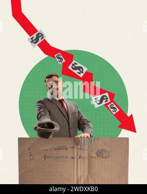 Homme d'affaires au visage désespéré se tient debout avec la main tendue tenant chapeau et mendiant pour l'argent sur la flèche financière rouge descendant. Art contemporain Banque D'Images