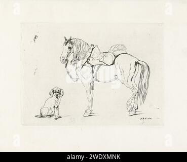 Cheval sellé et chien, Hendrik Abraham Klinkhamer, 1841 imprimer étude d'un cheval sellé avec une bride et un chien assis. chien de gravure. cheval Banque D'Images
