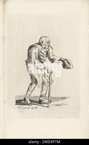 Mendicité vieil homme, Pieter Kikkert, 1798 imprimer Un vieil homme mendiant court en soutien sur son bâton, avec un chapeau dans sa main gauche sur des sabots à droite. mendiant à la gravure du papier. bâton de marche, personnel. chaussures en bois, sabots Banque D'Images