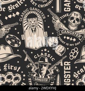 Ensemble de motif sans couture de club de gangster. Illustration vectorielle. Étiquette monochrome vintage, autocollant, patch avec gangster, mitraillette et gangster tigre Illustration de Vecteur