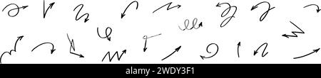 Les flèches dessinées à la main griffonnent et griffonnent au pinceau, au crayon et au marqueur. Esquissez comme des lignes, des cercles et des flèches vers le bas. Illustration vectorielle plate Illustration de Vecteur