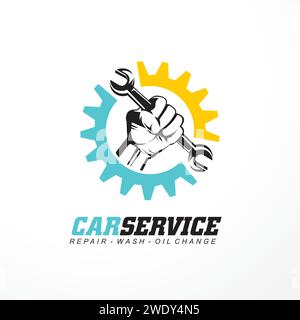 Idée de conception de logo de service de voiture avec la main tenant l'outil de clé. Symbole de réparation automatique ou modèle d'icône. Emblème de vecteur de transport, signe, logo, timbre o Illustration de Vecteur