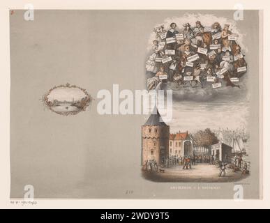 Couverture pour : Amsterdam. Origine et distraction des noms des canaux, îles, places, rues, ruelles, ponts, écluses et tours de cette ville, Johan Coenraad Leich, 1865 impression au bas de la Schreierstoren à Amsterdam. Une foule dans la rue. Au sommet de divers personnages historiques et types avec des signes qui se réfèrent à des lieux à Amsterdam. Sur la gauche une vignette avec un visage sur une rivière avec pont. Amsterdam papier vue sur la ville en général ; 'veduta' Schreierstoren. Amsterdam Banque D'Images