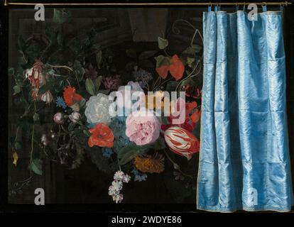 Adriaen van der Spelt - trompe-l'oeil nature morte avec une guirlande de fleurs et un rideau Banque D'Images