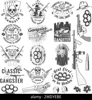 Ensemble d'écussons de club de gangster. Illustration vectorielle. Étiquette monochrome vintage, autocollant, patch avec gangster, mitraillette et gangster tigre Illustration de Vecteur