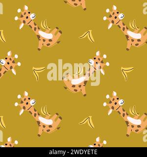 animaux de bande dessinée girafe et banana fond sans couture. Illustration vectorielle isolée. Peut être utilisé pour le textile de bébé, affiche, papier peint. Illustration de Vecteur
