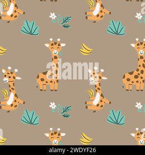 fond de bébé sans couture - girafe et feuilles tropicales, banane. Illustration de Vecteur
