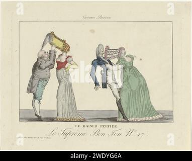 Supreme Good Tone. Caricature parisienne, 1800-1815, n° 17 : le baiser perfide., Anonyme, 1800 - 1815 caricature sur les grands chapeaux à baldaquin qui étaient à la mode vers 1800-1815. Deux paires où le chapeau d'auvent de la femme cause des problèmes. Avec une paire, la perruque de l'homme est coincée dans le chapeau. Selon la légende: "Le baiser perfide." Tirage à partir d'une série de 30 imprimés de mode, le Suprême bon ton, Paris, 1800-1815. Imprimeur : Francepublisher : Paris gravure papier assiettes mode. perruque. robe, robe (+ vêtements pour femmes). Manteau (FRAC) (+ vêtements pour hommes). pantalons, culottes, etc (CULOTTES) (+ hommes Banque D'Images