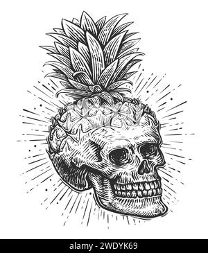 Gravure du crâne humain. Tête squelette ananas. Illustration vectorielle vintage dessinée à la main Illustration de Vecteur