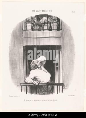 L'homme sur le balcon se mouille par l'arrosoir, Honoré Daumier, 1846 caricatures en papier de Paris (types humains). arrosage des plantes. balcon Banque D'Images