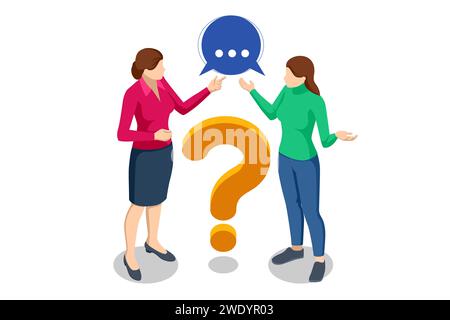 Points d'interrogation isométriques, boîte de message avec question, technologie Chatbot, bot de chat IA basé sur l'intelligence artificielle. Les femmes posent des questions et reçoivent Illustration de Vecteur
