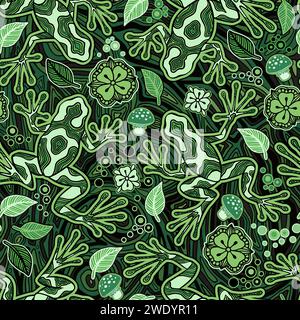 Hawaiian Green and Black Poison Dart Frog Psychedelic Seamless Pattern, Trippy Art Fantasy champignons et Reptilien Illustration de Vecteur