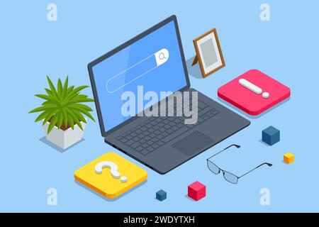 Points d'interrogation isométriques, boîte de message avec question, technologie Chatbot, bot de chat IA basé sur l'intelligence artificielle Illustration de Vecteur