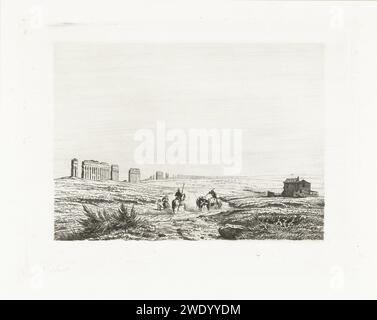 Agro Romano, Pierre Louis Dubourcq, 1850 imprimer Un cavalier et un fermier avec une charrette à bœufs dans la plaine ouverte quand il reste un aqueduc romain. Sur la droite une maison. Pays-Bas papier gravure paysage avec ruines Rome Banque D'Images