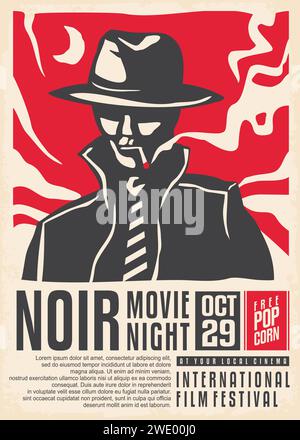 Noir Movies design d'affiche vintage. Détective avec la cigarette debout sur le clair de lune, concept de publicité rétro pour l'événement de cinéma. Illustration vectorielle. Illustration de Vecteur