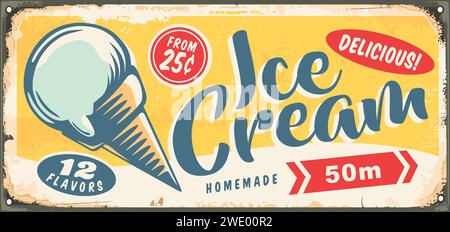 Design de poteau de signe de support de crème glacée d'été avec scoop dans un graphique de cône sur fond jaune. Desserts nourriture image rétro. Illustration de crème glacée Vector. Illustration de Vecteur