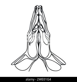 Dessin continu d'une ligne de mains humaines pliées dans la prière Illustration de Vecteur