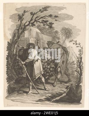 Retour des scouts de Canaan, Anonyme, 1700 - 1799 imprimer pays-Bas papier gravure / gravure les espions emportent certains des fruits de Canaan et reviennent, portant généralement une grande grappe de raisins sur un poteau Banque D'Images