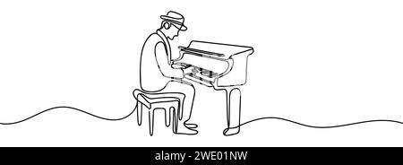 un dessin au trait continu d'un pianiste jouant d'un piano à queue classique. Illustration de Vecteur