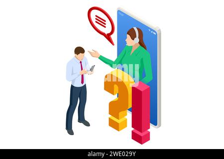 Points d'interrogation isométriques, boîte de message avec question, technologie Chatbot, bot de chat IA basé sur l'intelligence artificielle. La femme et l'homme posent des questions et Illustration de Vecteur
