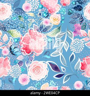 Motif sans couture de fleurs d'aquarelle rose et bleu. dessin à la main. Pas ai, illustration vectorielle Illustration de Vecteur