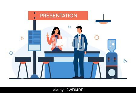 Homme d'affaires à la présentation promo du produit d'affaires ou de la marque à l'exposition ou à l'exposition commerciale expo. Homme visiteur debout au stand de kiosque de publicité avec des expositions et illustration vectorielle de dessin animé promoteur Illustration de Vecteur