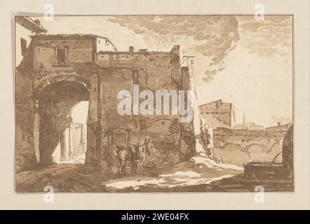 Poort avec le voyageur et le mulet, Cornelis Brouwer, d'après Thomas Wijck, 1781 - 1782 estampe à une porte il y a un homme et un mulet. A droite une source d'eau. L'impression est lâche dans un album. Amsterdam gravure de papier vue sur la ville, et paysage avec des constructions artificielles. mule Banque D'Images