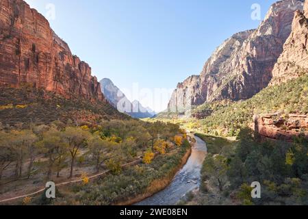 C'est l'automne, et la rivière vierge coule à travers la vallée, située dans le parc national de zion Banque D'Images