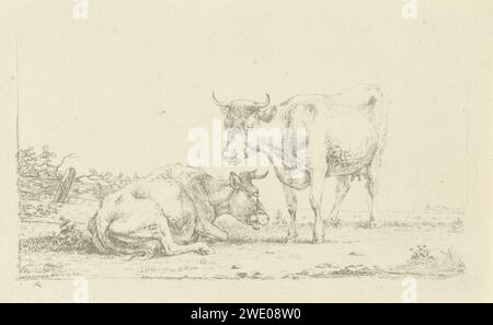 Vaches dans un paysage, Jan Kobell (II), 1788 - 1814 imprime Une vache horizontale et une vache debout à une clôture délabrée. Une troisième vache broute en arrière-plan et les contours d'une tour d'église peuvent être vus en papier contre-preuve vache Banque D'Images