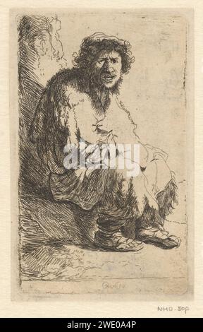 Mendiant assis sur une banque, James Bretherton, d'après Rembrandt van Rijn, 1760 - 1781 début de la gravure sur papier imprimé Banque D'Images