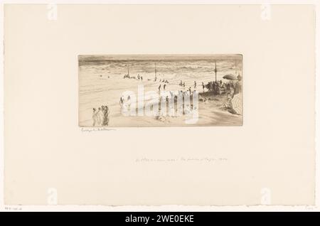 Vue de Villers-sur-Mer avec des figures sur la plage et dans la mer, Edgar Chahine, 1930 print France papier point sec bain de soleil (sur la plage). Dans ou au bord de l'eau (sur la plage) Villers-sur-Mer Banque D'Images