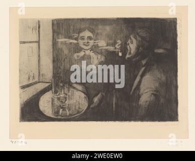 Femme et homme de tuyauterie à une table, Edvard Munch, 1894 estampe l'homme dans l'estampe est le peintre norvégien Karl Jensen-Hjell. gravure de papier / pipe à point sec  tabac. personnages historiques. femme adulte Banque D'Images