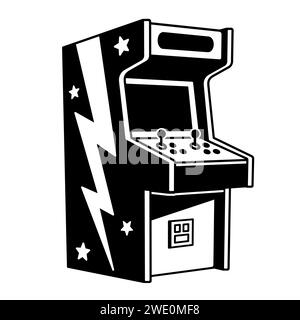 Machine d'arcade classique à 2 joueurs, dessin de dessin animé noir et blanc. Illustration vectorielle de jeu vidéo vintage. Illustration de Vecteur