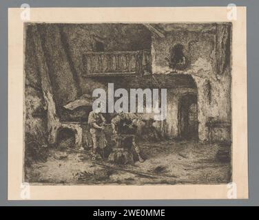 Deux hommes sur une enclume dans le Smidse, Willem Linnig (II), 1864 papier gravé smith, forgeron. outils, aides, instruments  artisanat et industries : enclume Banque D'Images