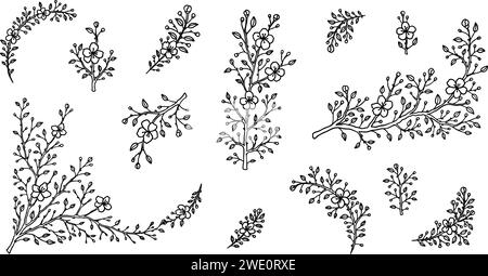 Ensemble de branches de fleurs de cerisier printanier. Illustration vectorielle dessin à la main de fleurs de sakura japonaises. Élément de design minimaliste Lain art. Contour vint Illustration de Vecteur