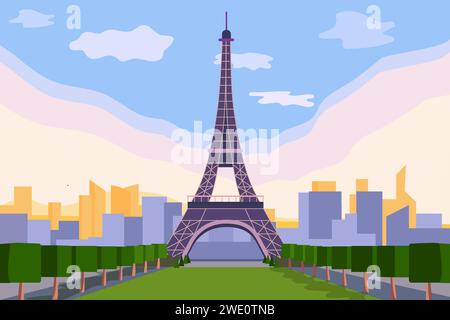 France contexte. Point de repère de la ville. Visite de Paris avec célèbre bâtiment et attractions. Les touristes voyagent. J'adore la capitale française. Voyage touristique. Tour Eiffel. Park Road. Paysage urbain. Illustration vectorielle Illustration de Vecteur