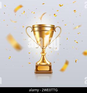 Trophée. Coupe de vainqueur de champion, prix de victoire de football en or 3d, tournoi gagner confettis d'or. Gobelet victoire. Première place. Symbole de réussite du championnat. Elément isolé. Récompense réaliste vectorielle Illustration de Vecteur