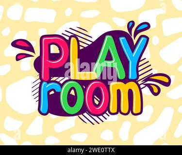 Logo de salle de jeux. Lettrage de zone enfants. Espace de divertissement pour enfants. Autocollant pour terrain de jeu d'activités amusantes. Badge isolé coloré avec texte lumineux. enseigne salle de jeux. Illustration isolée plate de dessin animé vectoriel Illustration de Vecteur
