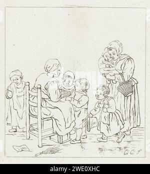Classe scolaire, Pieter de Mare, d'après Christina Chalon, 1777 - 1779 imprimer Une école pour enfants. Un enseignant s'assoit sur une chaise et lit aux enfants la leçon d'un livre. A droite, une mère vient amener sa fille. A gauche une fille pleure. Il y a une tige sous la chaise du professeur. Leiden papier gravure enfant malicieux (à l'école). école maternelle. enseignant et élève. rod, bouleau  punition à l'école Banque D'Images